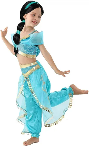 Vista 2 de Girls Jasmine Costume Arabian Princess Jasmine Cosplay Costume with Wig Halloween Party Dress up Costume for Kids