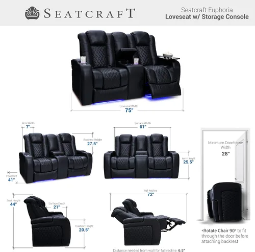 Vista 2 de Seatcraft Euphoria - Asiento de cine en casa de cuero italiano negro, reposacabezas eléctrico con calefacción y masaje, sofá biplaza reclinable