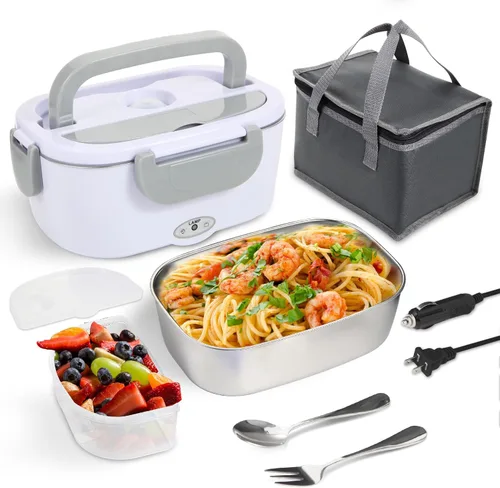 Vista 13 de SOHIDA Fiambrera eléctrica, calentador de alimentos portátil de 12 V/24 V/110 V con tenedor SS y cuchara para coche/camión/oficina, lonchera