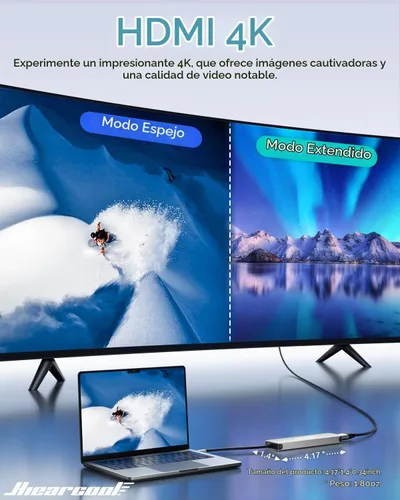 Vista 4 de Hiearcool - Hub USB C 7 en 1, compatible con MacBook, color plateado 4K @30Hz HDMI, 100W PD