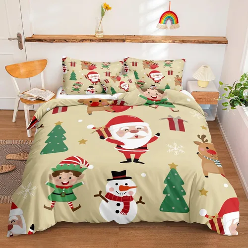 Vista 32 de Juego de ropa de cama de Navidad con funda de edredón de copos de nieve, color blanco y rojo, con estampado navideño, juego de ropa de cama festiva