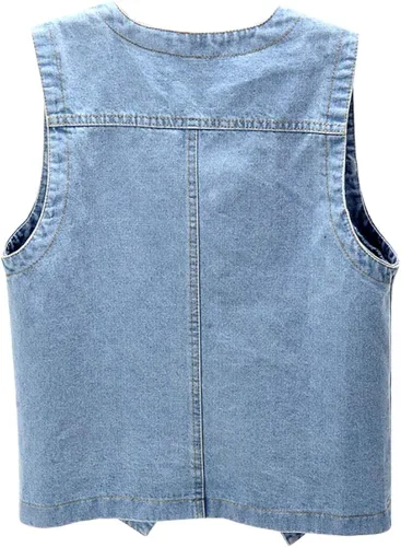 Vista 2 de Kedera Chaleco de mezclilla sin mangas para mujer, cuello en V, abotonado, ligero, chaqueta de mezclilla