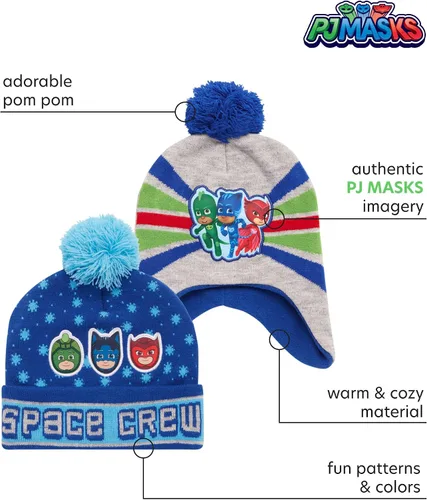 Vista 2 de PJ Masks Sombrero de invierno para niños, paquete de 2 gorros con pompones de superhéroe (niño)