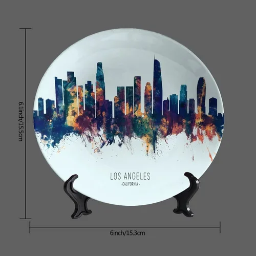 Vista 3 de Platos decorativos de horizonte de Los Ángeles, plato decorativo de paisaje urbano con soporte, adorno de cerámica para decoración de cocina, 6