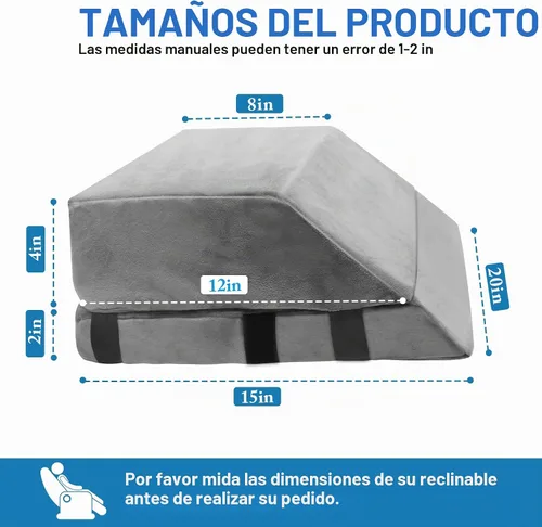Vista 2 de Cojín reclinable ajustable de cuña de 6 pulgadas de grosor con espuma elástica y correas, almohada elevadora multiusos para silla, sofá, cama y sofá