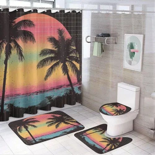 Vista 11 de 4 cortinas de ducha abstractas de los años 80 con diseño de hojas de palma, moderna ilustración de rejilla de neón Synthwave Anime juego de baño