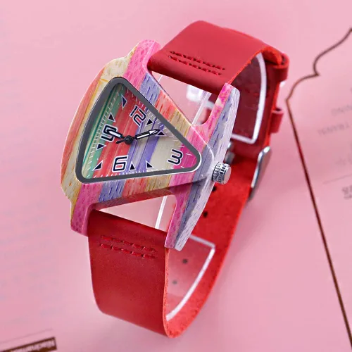 Vista 2 de Reloj triangular de madera para mujer pulsera de cuero de cuarzo reloj de cuarzo de madera correa de cuero de regalo para mujer