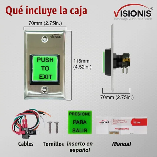 Vista 4 de Visionis VIS-7000 - Botón cuadrado verde para salida, acero, LED