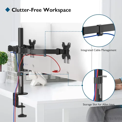 Vista 4 de BONTEC Soporte de escritorio para monitor doble, soporte de monitor ajustable de movimiento completo para pantallas de 13 a 27 pulgadas, brazos