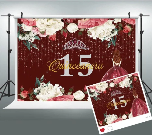 Vista 6 de Telón de fondo de feliz cumpleaños 15 para niña, quinceañera, 5 x 3 pies, corona de flores rojas burdeos, corona, princesa, decoración de fiesta