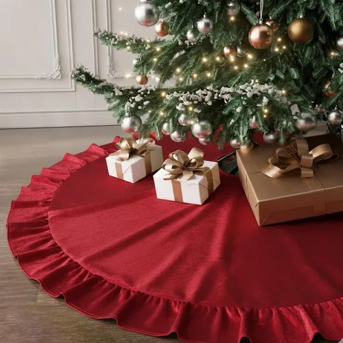 Vista 36 de Faldones de Felpa para Árbol de Navidad, 24 pulgadas, Lujosa Cubierta de Base de Árbol de Navidad de Piel Sintética Negra con Copos de Nieve Dorados