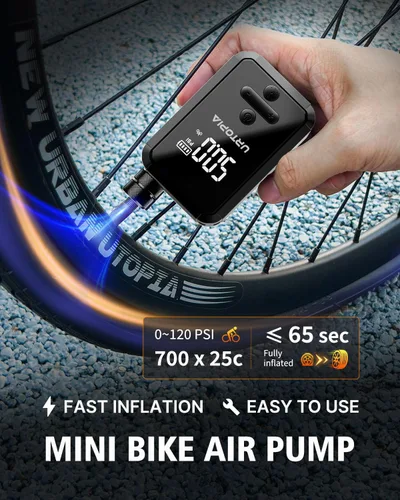 Vista 2 de Bomba eléctrica para bicicleta, bomba de aire de inflado rápido con medidor, hasta 150 PSI, disipación de calor eficiente, recargable, con luz LED