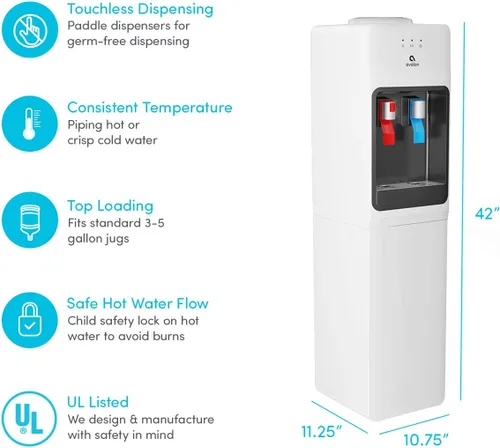 Vista 9 de Avalon despachador/refrigerador de agua con carga superior – Agua fría y caliente, con seguridad para niños, diseño innovador. Capacidad