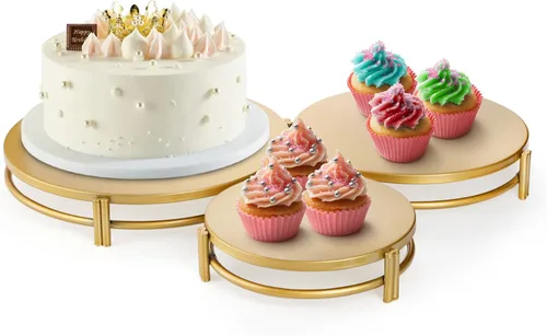 Vista 4 de yarlung Paquete de 3 soportes dorados para tartas, soportes de exhibición de cupcakes de metal de 8/10/12 pulgadas, bandejas de postre, decoración