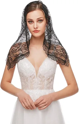 Vista 2 de Mantilla - Velo de encaje con velo de capilla latina para la iglesia velos de encaje floral bufanda católica