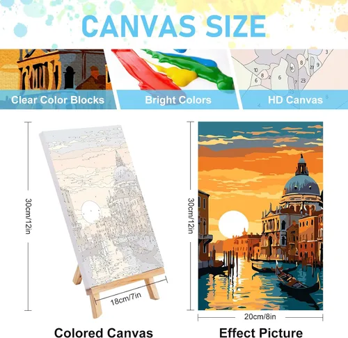 Vista 3 de Offito Paquete de 4 pinturas enmarcadas por números para adultos principiantes con caballete de madera, kit de pintura fácil de paisaje por números