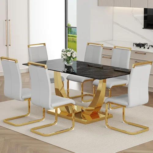 Vista 36 de Juego de Mesa de Comedor Negra para 6, Mesa de Comedor de Mármol Falso de 71" para 6, Juego de Mesa de Cocina Rectangular con Sillas de Cuero PU