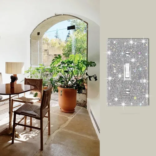 Vista 3 de Cubierta decorativa para interruptor de diamantes de imitación plateados brillantes, placa de pared de una sola banda
