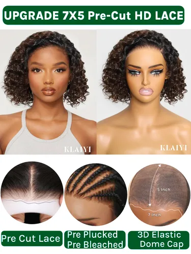 Vista 2 de KLAIYI Bye Bye Slip™ - Pelucas de cabello humano con encaje frontal 7x5, color marrón castaño degradado, rizado, sin pegamento, precortadas de 7 x