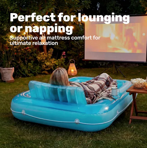 Vista 7 de SLOOSH Flotador inflable, camastro para adultos, con almohada, 178 x 117 cm, 4 en 1: balsa-tina bronceadora, camastro para tomar el sol, fiestas Azul
