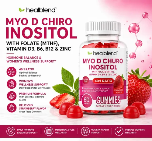 Vista 2 de healblend Myo & D-Chiro - Gomitas de inositol – Apoyo de SOP para mujeres, equilibrio hormonal, fertilidad y ovulación – con metilfolato, vitamina