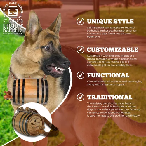Vista 3 de St Bernard - Collar de barril de whisky para perro, 'M.U.T.T.' - Dispensador de barril de roble de 1/2 litro para perros San Bernardo con correa