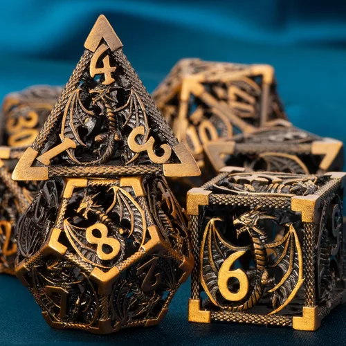 Vista 2 de ARUOHHA Juego de dados huecos de metal DND, dados D y D de oro antiguo, juegos de rol RPG, dados poliédricos con caja de regalo D20 D12 D10 D8 D6 D4