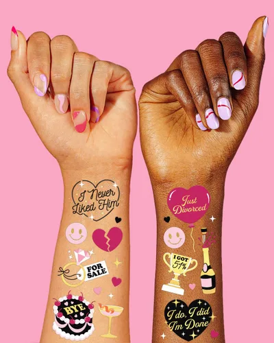 Vista 3 de xo, Fetti Tatuajes temporales para fiesta de divorcio – 60 estilos de aluminio Suministros de fiesta solo divorciados, recuerdos de fiesta