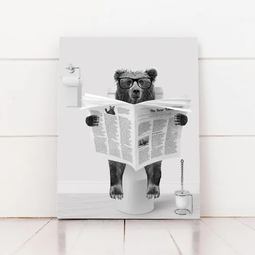 Vista 4 de Decoración de Arte de Pared en Blanco y Negro – Oso con Gafas Sentado en el Inodoro Leyendo Periódico, Impresiones en Lienzo, Imágenes de Animales