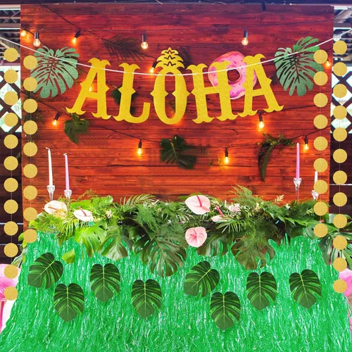 Vista 4 de 22 piezas de falda de mesa de hierba hawaiana Aloha decoración de fiesta que incluye pancarta de Aloha brillante hojas verdes tropicales y falda