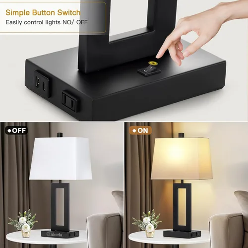 Vista 5 de Cinkeda Juego de 2 lámparas de mesa con puertos USB C+A y salida de CA, lámparas de noche, lámparas modernas para dormitorio, lámparas negras