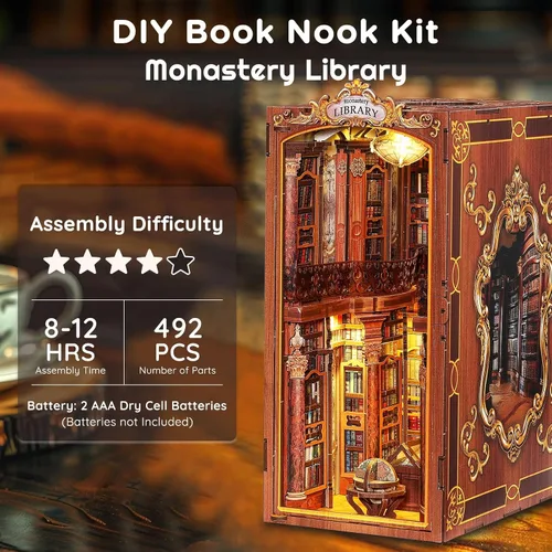 Vista 2 de SainSmart Jr. Kit de rincón de libros - Casa de muñecas DIY con luz LED - Kits de rompecabezas de madera en 3D en miniatura - Sujetalibros
