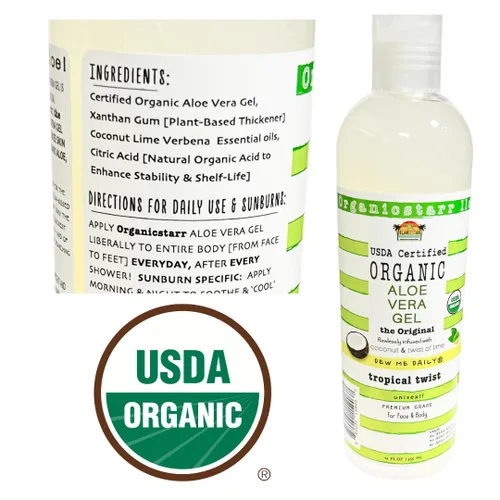 Vista 2 de Gel de aloe vera orgánico certificado por USDA, 12 onzas, 100% puro, prensado en frío, cosechado a mano, infundido con aceites esenciales de coco