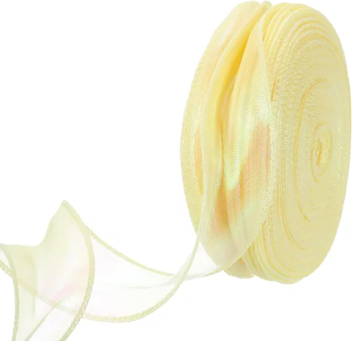 Vista 20 de MECCANIXITY - Cinta de organza con cable de 1 1/2" de ancho, brillante, transparente, con brillo irisado en tonos pastel, cinta de gasa para Beige