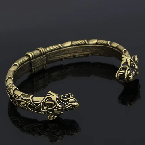 Vista 4 de Pulsera de brazo vikingo nórdico para hombre, con cabeza de lobo Fenrir