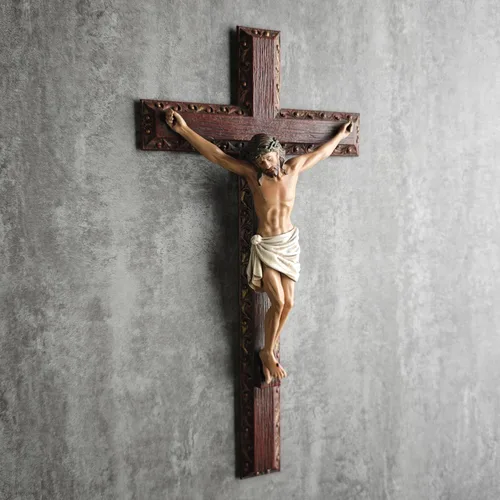 Vista 4 de Crucifijo católico BC de pared, cruz de Jesucristo, regalo religioso devoto, aspecto tallado en madera, 12 pulgadas de alto, pintado a mano por