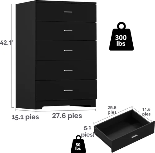 Vista 3 de GEPELCN Cómoda para dormitorio con tomas de corriente, cómoda de madera con 5 cajones con gran espacio de almacenamiento, cómoda negra con riel