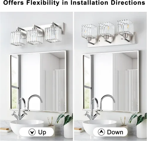 Vista 5 de Moderna lámpara de tocador de baño, 3 luces, accesorios de luz de cristal, cromo Lámparas de cristal sobre espejo,Lámpara de pared de cristal
