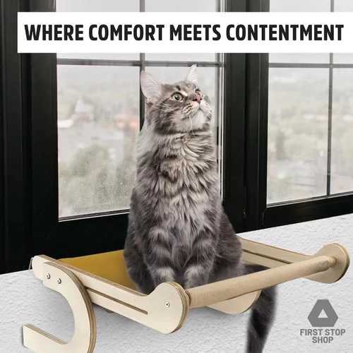 Vista 6 de Percha para ventana de gato con ropa de cama cómoda - Percha para gatos para ventana y pared - Hamaca de madera para ventana de gato fácil