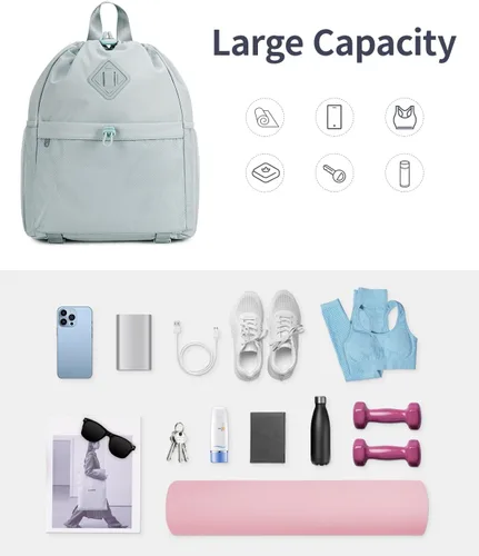 Vista 4 de WANDF Mochila con cordón para mujer, bolsa de gimnasio con correa para esterilla de yoga, resistente al agua, con bolsillo de malla, Gris