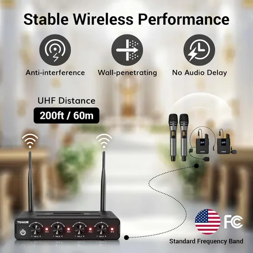 Vista 3 de TONOR Sistema de Micrófono Inalámbrico, Juego de 4 Micrófonos de Mano Inalámbricos UHF de 10 Canales con Auriculares/Micrófonos de Solapa Lavalier