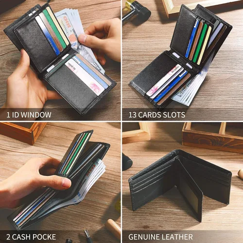 Vista 4 de Swallowmall Mens Wallet RFID Genuine Leather Slim Bifold Wallets For Men Removable ID Windows 11 Cards Holders Gift Box