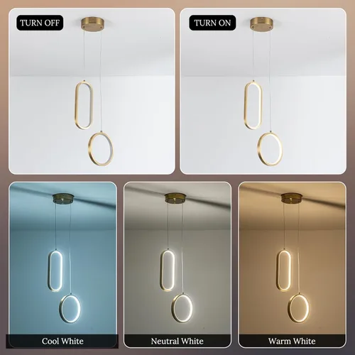 Vista 9 de Lámpara colgante LED moderna dorada mini con control remoto, 2 anillos, 24W, temperatura de color de 3 pasos, intensidad ajustable sin escalones