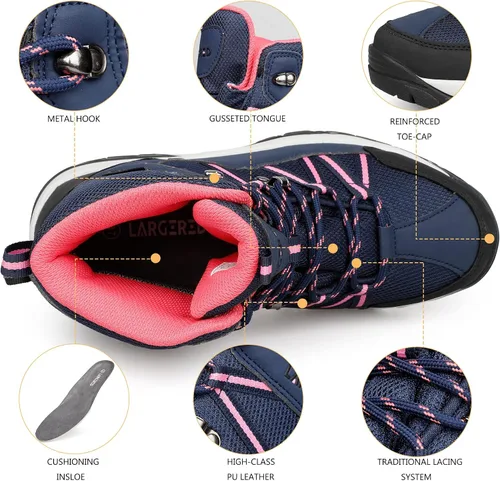Vista 8 de LARGERED Botas de senderismo impermeables para mujer, botas de senderismo al aire libre, senderismo, campamento, senderismo