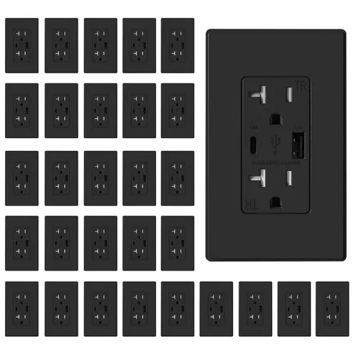 Vista 23 de ELEGRP Cargador USB de pared, receptáculo USB con puertos USB tipo A y tipo C, enchufe dúplex de 15 amperios resistente a manipulaciones NEMA 5-15R