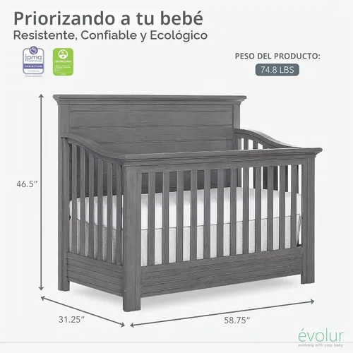 Vista 4 de Evolur Waverly - Cuna convertible de panel completo 5 en 1 en gris rústico, certificado JPMA y Greenguard Gold, fabricada con madera dura seca al