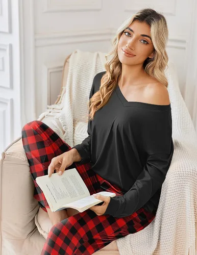 Vista 6 de Ekouaer Conjunto de 2 pijamas para mujer, pijamas de manga larga con camiseta y pantalones, cuello en V, pijamas suaves con bolsillos, ropa