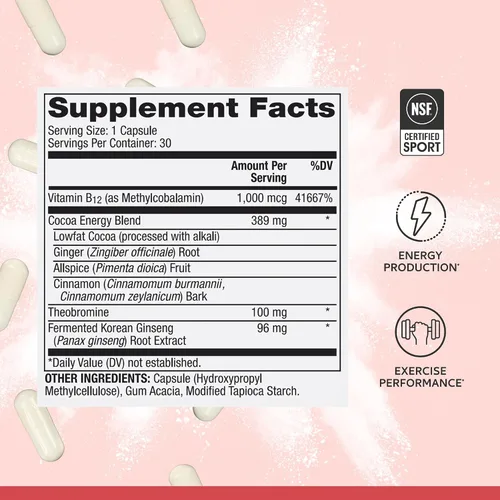 Vista 3 de Dr. Mercola Pure Power Energy Boost con ginseng + B12 - Apoyo energético limpio a base de plantas - Extracto de ginseng coreano y cacao - Suplemento