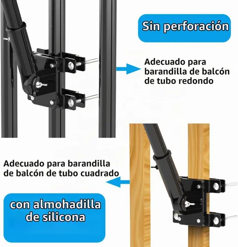 Vista 5 de Soporte para poste de bandera sin taladrar para barandilla, soporte de poste de bandera para porche y riel de cerca, balcón de apartamento Negro