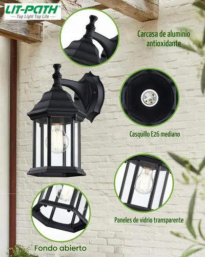 Vista 2 de LIT-PaTH Lámpara de pared para exteriores, vidrio de aluminio antioxidante Acabado negro